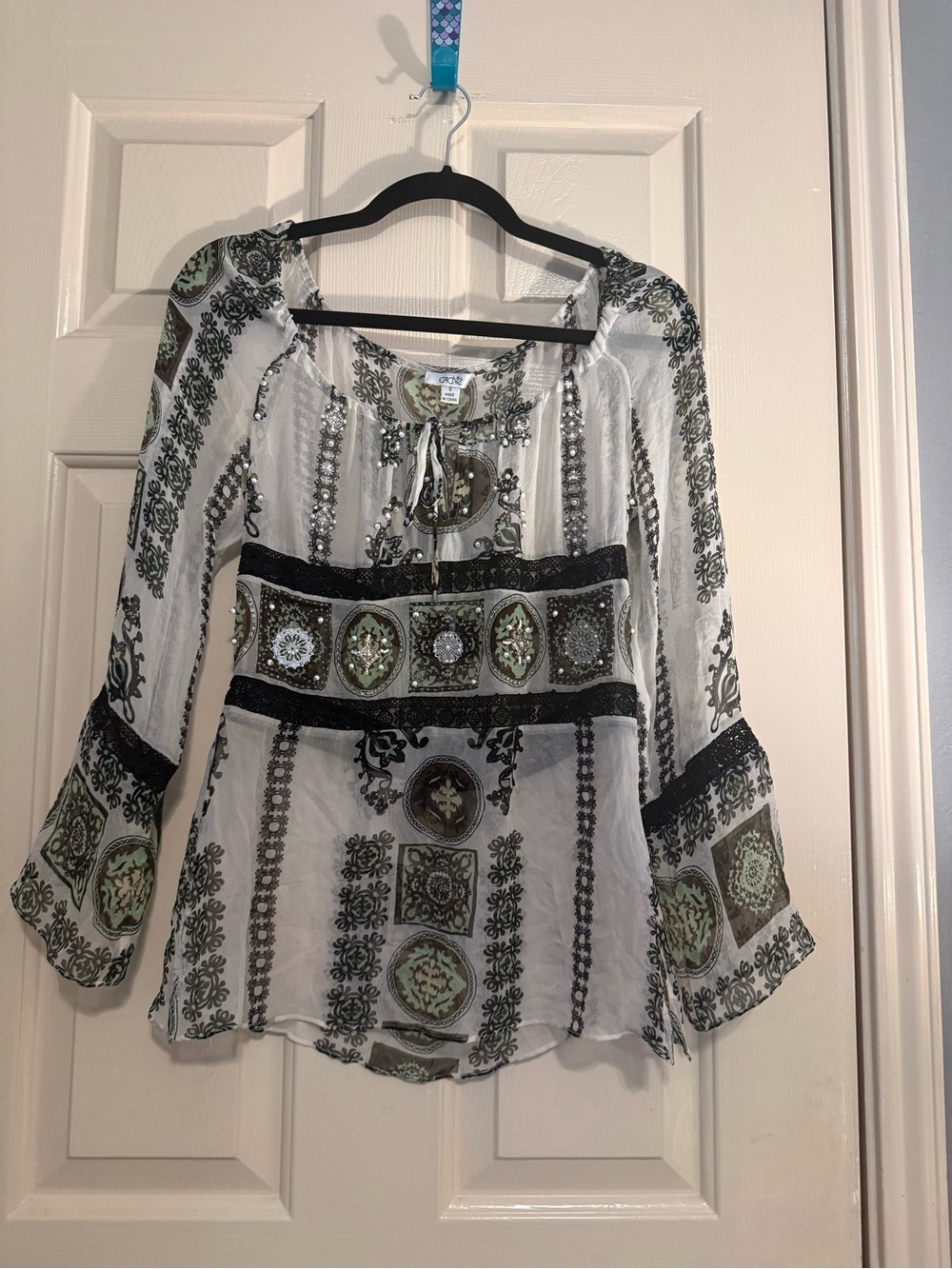 Cache White Peasant Blouse with Green and Black Print